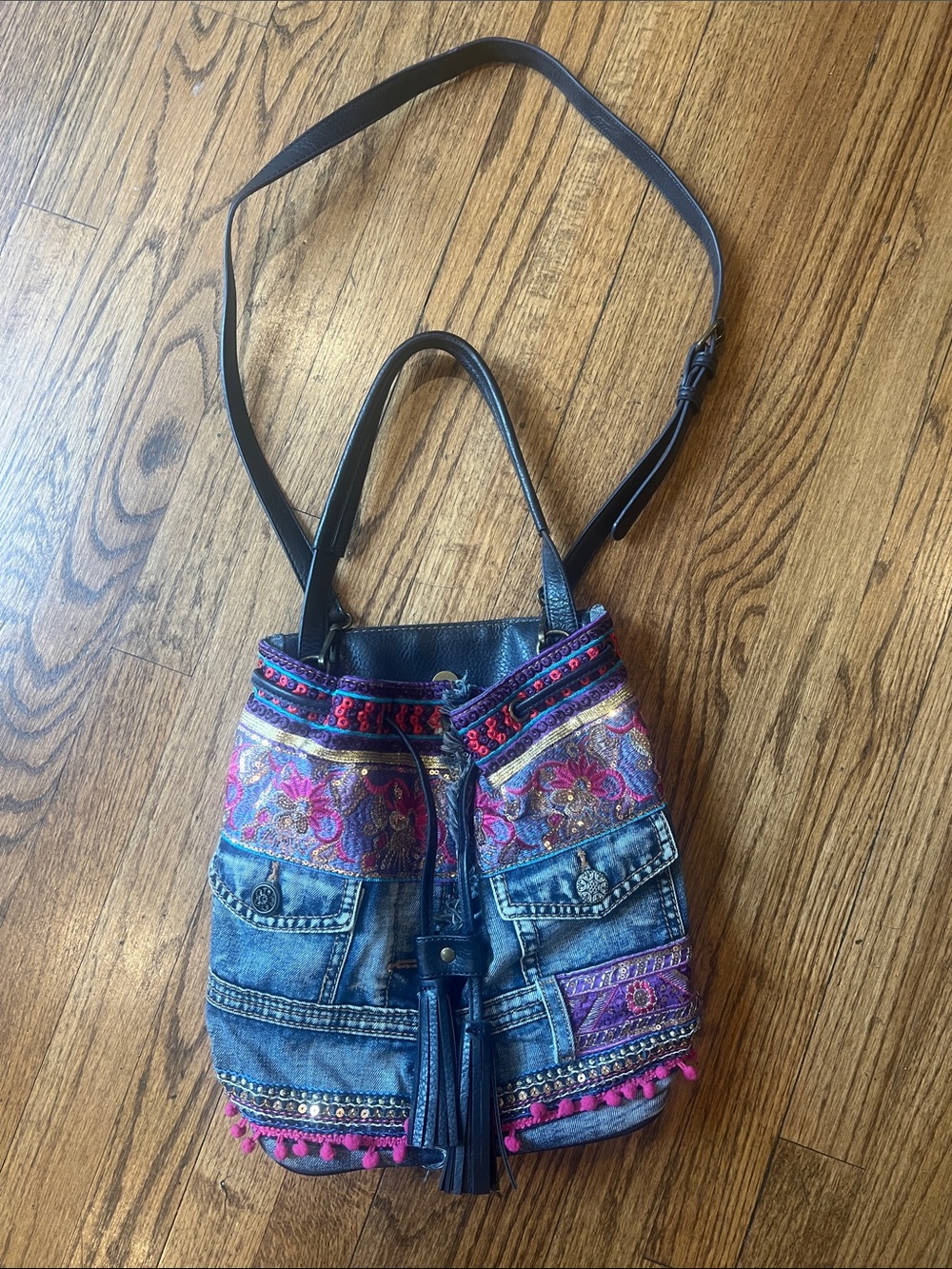 Desigual Boho Embroidered Denim Bucket Bag with Tassel